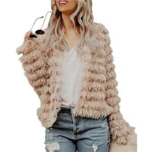 Women’s Open Front Faux Fur Cardigan Cozy Vintage Shaggy Beige Coat